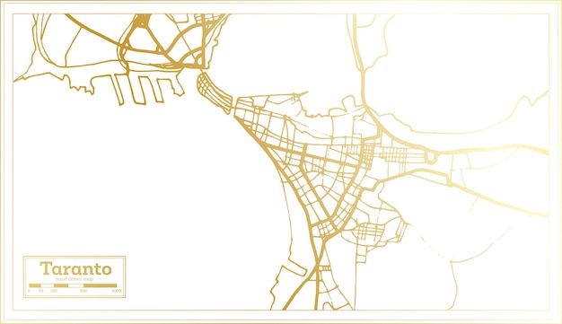 Stadskaart van Taranto Italië in retrostijl in gouden kleuroverzichtskaart