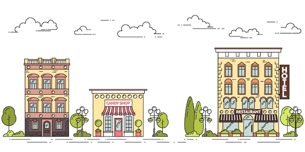 Stadslandschap met huizen, koffie, bomen, wolken. vector illustratie. platte lijntekeningen.
