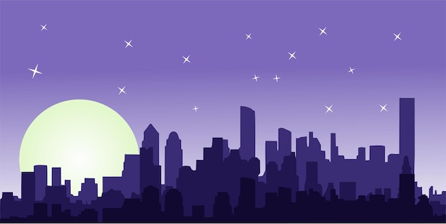 stadslandschap vlak ontwerp silhouet vector cartoon illustratie nacht met maan en sterren