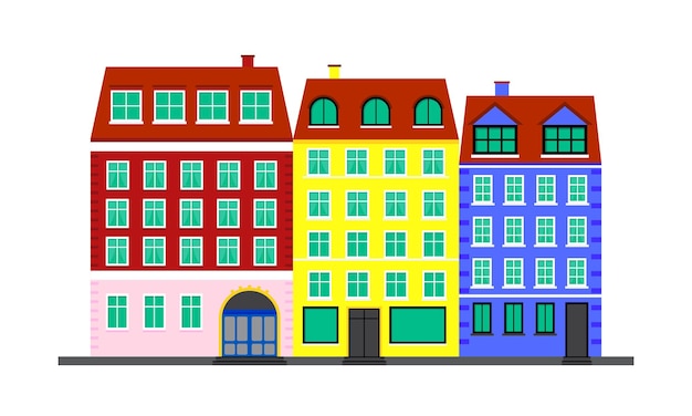 Vector stadsleven kleurrijke huizen in de scandinavische stijl landschap met gevels van gebouwen vectorillustratie geïsoleerd op witte achtergrond