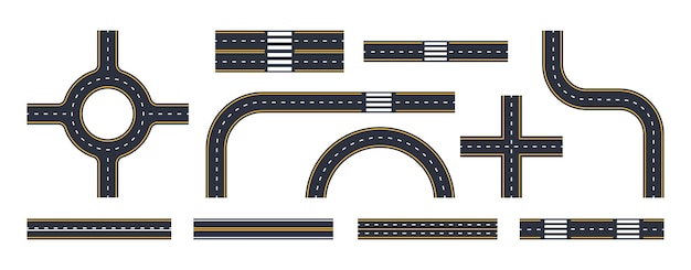 Stadsmarkeringen wegen Stedelijke straatwegen en kruispunten asfaltweg wendingen en rotondes platte vector illustratie set