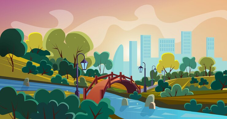 Stadspark cartoon panorama met oude stijl brug boven de rivier en skyscrappers aan de horizon