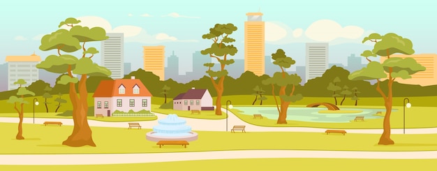 Stadspark egale kleur. stadsrecreatiezone. dorpsplein. buiten rust. wolkenkrabbers aan de horizon. straten en huizen 2d cartoon landschap met bomen op de achtergrond