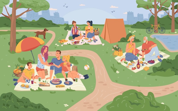 Stadspark en mensen die op gras picknicken eten