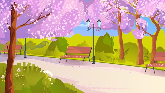 Stadspark met bloesem sakura bomen in platte cartoon stijl