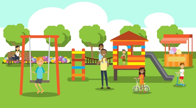 stadspark ontspannende mensen kinderspeelplaats groen gazon mix race mensen bomen landschap achtergrond horizontale vlak een
