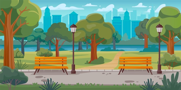 Stadspark Openbare steeg loopbrug met groene bomen houten bank en parken lantaarns Panoramisch landschap met stedelijke achtergrond vectorillustratie
