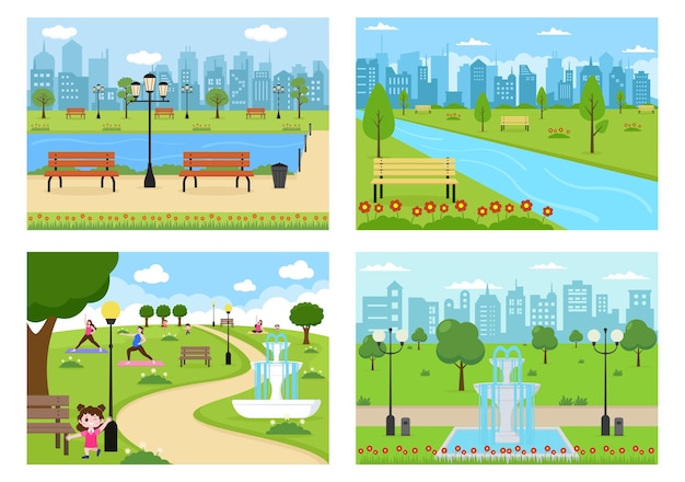 Stadsparkillustratie voor mensen die sporten, ontspannen, spelen of recreëren met groene boom en gazon. landschap stedelijke achtergrond