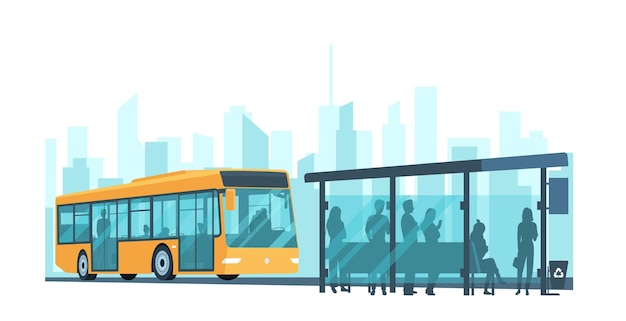 Vector stadspassagiersbus en -halte met passagiers op de achtergrond van een abstract stadsbeeld