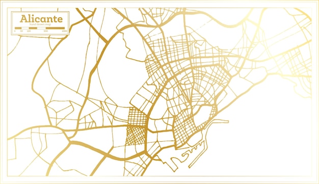 Stadsplattegrond van Alicante Spanje in retrostijl in gouden kleuroverzichtskaart