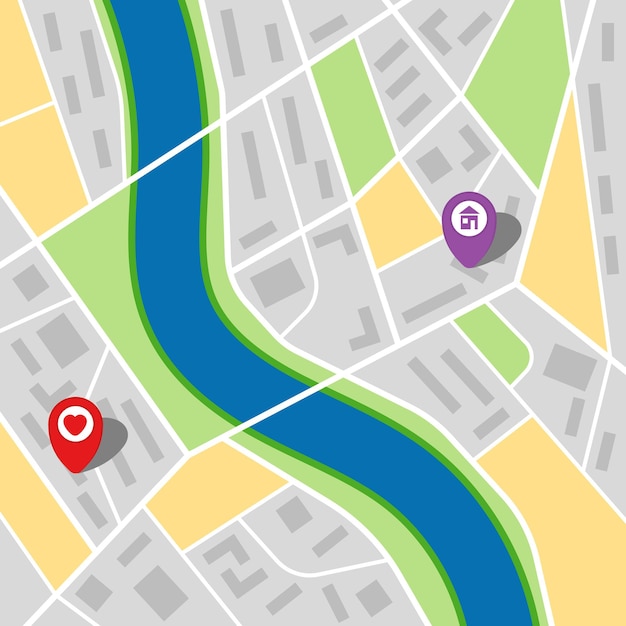 Stadsplattegrond van een denkbeeldige stad met een rivier en twee spelden. Vector illustratie.