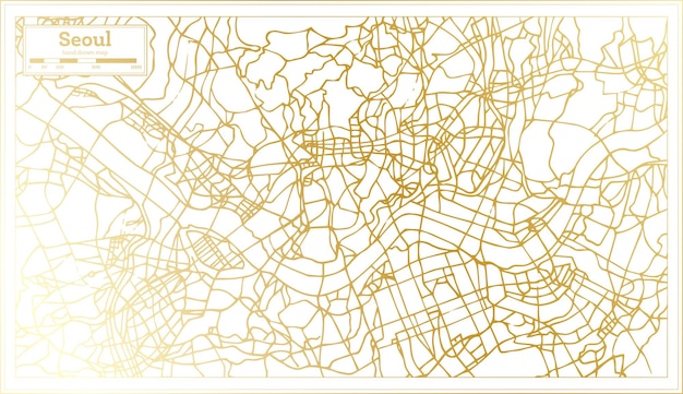 Stadsplattegrond van Seoul, Zuid-Korea in retrostijl in gouden kleuroverzichtskaart