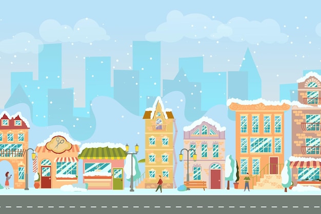 Stadsstraat panoramisch stadsbeeld met heldere huizen wandelen voetgangers sneeuw winkel en winkels winter stad vector illustratie in cartoon stijl