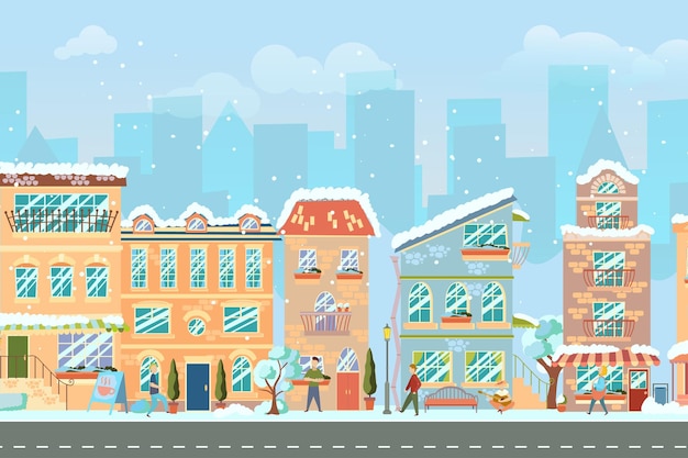 Stadsstraat Panoramisch stadsbeeld met heldere huizen wandelen voetgangers sneeuw Winkel en winkels Winter stad Vector illustratie in cartoon stijl