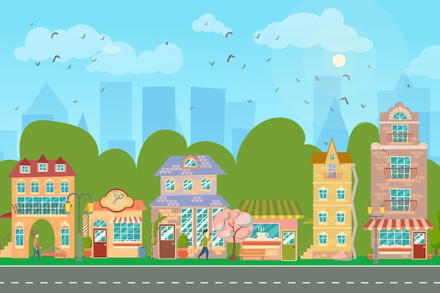 Stadsstraat Panoramisch stadsbeeld met heldere huizen wandelende voetgangers bloeiende bomen Winkel en winkels Lente stad Vector illustratie in cartoon stijl