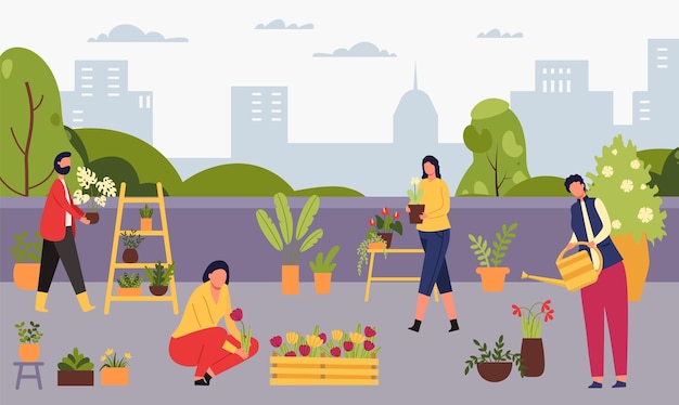 Stadstuinierende mensen die bloemen en planten kweken