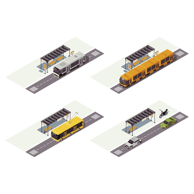 Stadsvervoer isometrische kleur illustratie. Infographic openbaar vervoer. Bushalte. Tram, trolleybus, auto's en motor. Auto 3d concept dat op witte achtergrond wordt geïsoleerd