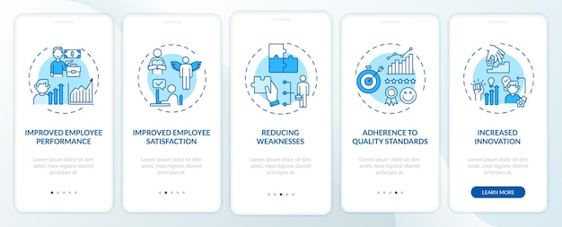 Staff development benefits onboarding mobile app page screen with concepts