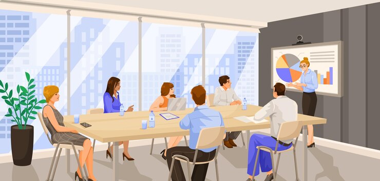 Vector staff meeting at long desk on presentation in office room manager stands near financial diagram team work on conference business training discussion and brainstorming seminar vector illustration