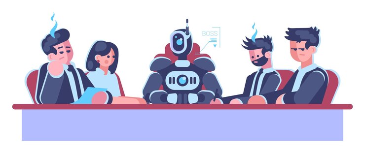 Vector staff meeting semi flat rgb color vector illustration. robot boss among human workers isolated cartoon characters on white background