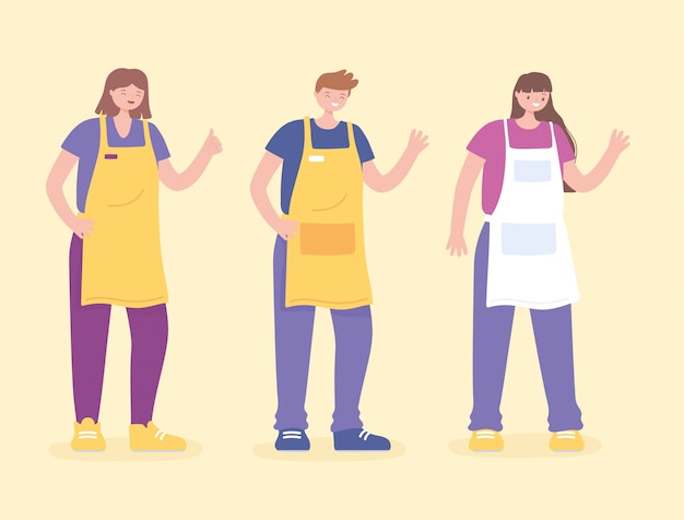 Vector staff people with apron set