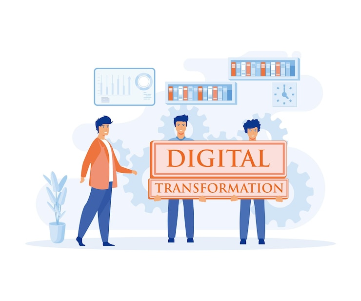 Vector staffs showing the boss the future direction of the company with digital transformation