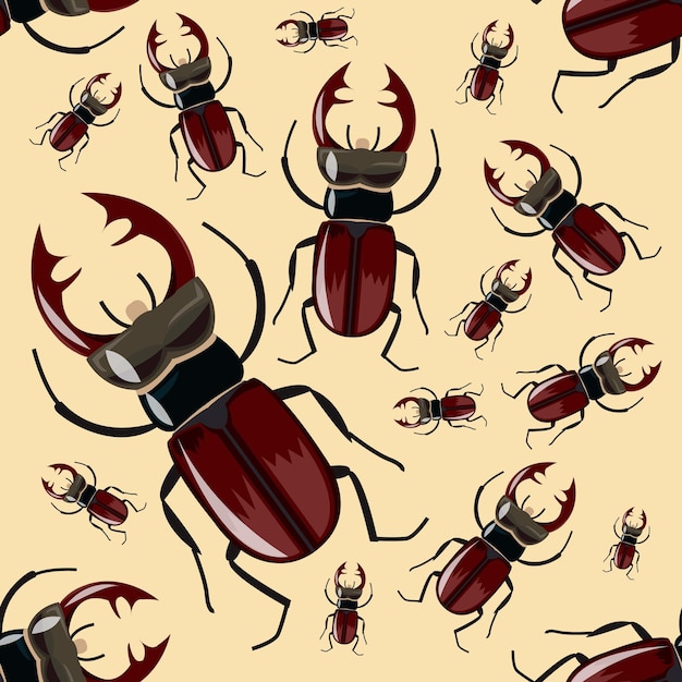 Stag beetle. Seamless pattern. Realistic insects.