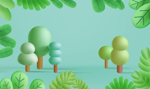 Decorazioni sceniche con forme di alberi 3d scena naturale piedistallo o piattaforma per stand di prodotti illustrazione vettoriale sfondo per presentazioni di prodotti per bambini