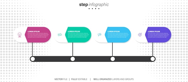 직사각형 가로 모양 오른쪽 방향 및 4점 단계가 있는 스테이지 인포그래픽 템플릿 다이어그램