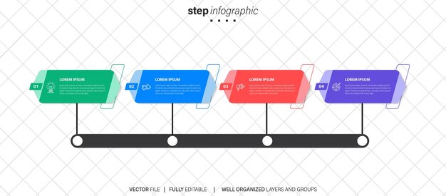 Stage infographics template diagram with rectangle horizontal shape right direction and 4 point step