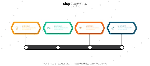 Stage infographics template diagram with rectangle horizontal shape right direction and 4 point step