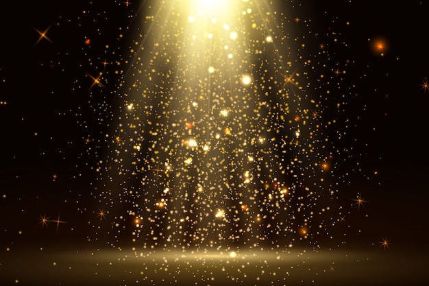 Stage light and golden glitter lights effect with gold rays, beams and falling glittering dust on floor. abstract gold background for display your product. shiny spotlight or stage.