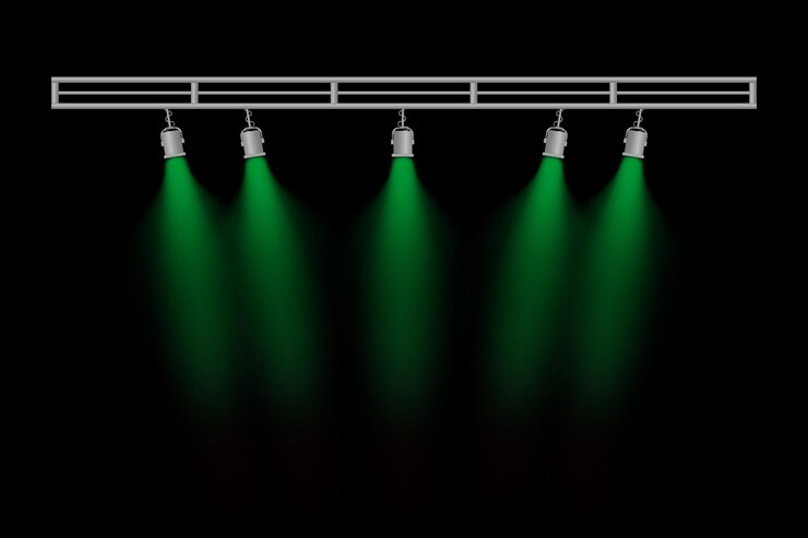 Vector stage lighting set five green spotlights hanging lamps metal frame focused beams dark background theater lighting event illumination performance setup concert design visual presentation