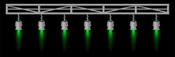 Vector stage lighting set green spotlights metal frame event lighting hanging lamps focused beams dark background performance setup stage design concert equipment theater illumination