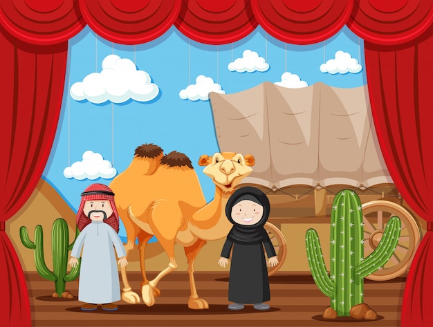 Stage play with two people playing arabs in desert