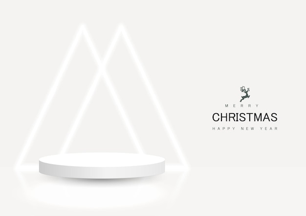 ネオン照明の三角形のデザインで飾られたステージ表彰台 抽象的なクリスマス モックアップ シーン。
