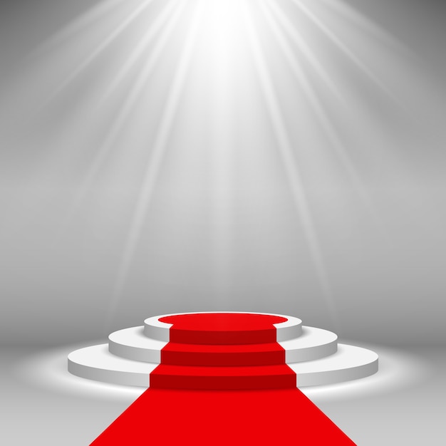 Vector stage podium illuminated scene spotlight with red carpet