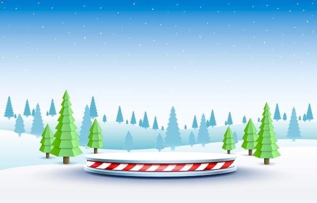 Вектор Сценический подиум в зимнем пейзаже с рождественскими украшениями