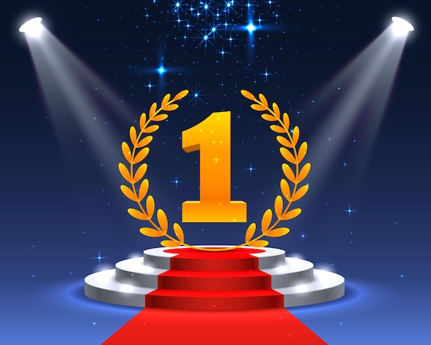 Stage podium with lighting, stage podium scene with for award ceremony on blue background, vector illustration