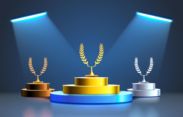 Vector stage podium with lighting stage podium scene with for award ceremony on blue background vector