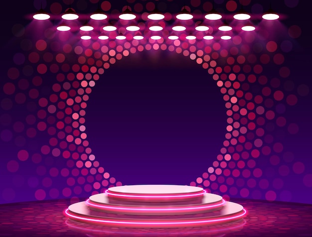 Vector stage podium with lighting, stage podium scene with for award ceremony on purple background,