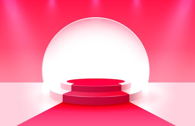 Podio del palco con illuminazione, scena del podio del palco con cerimonia di premiazione su sfondo rosso