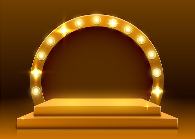 Stage podium with lighting, stage podium scene with for award ceremony on yellow background. vector illustration