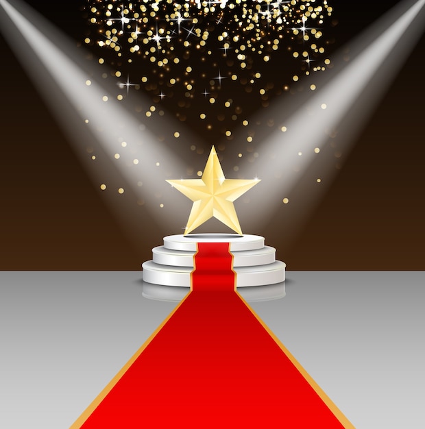 Stage podium with red carpet and star on brown background