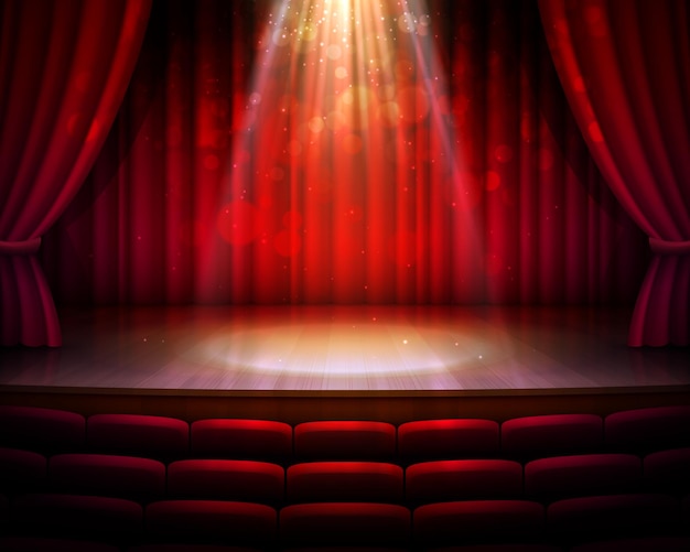 Vettore palcoscenico rosso tende riflettori sedili sfondo