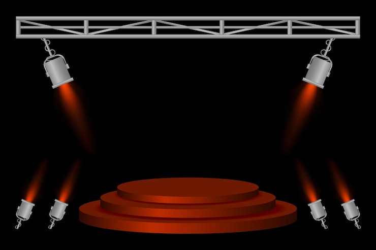 Vector stage spotlight red podium spotlights lighting beams metal frame dark background event preparation performance platform stage design concert setup theater illumination presentation area