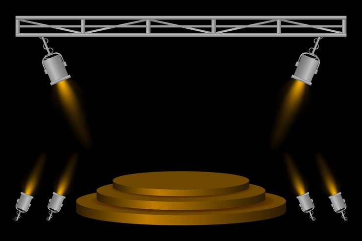 Vector stage spotlight yellow podium spotlights lighting beams metal frame dark background event preparation performance platform stage design concert setup theater illumination presentation area
