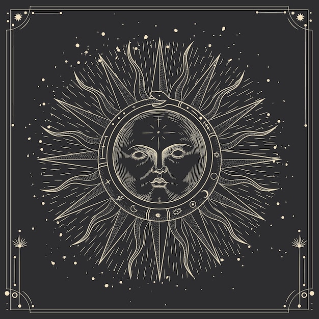 stage of sun activity in vintage engraving style