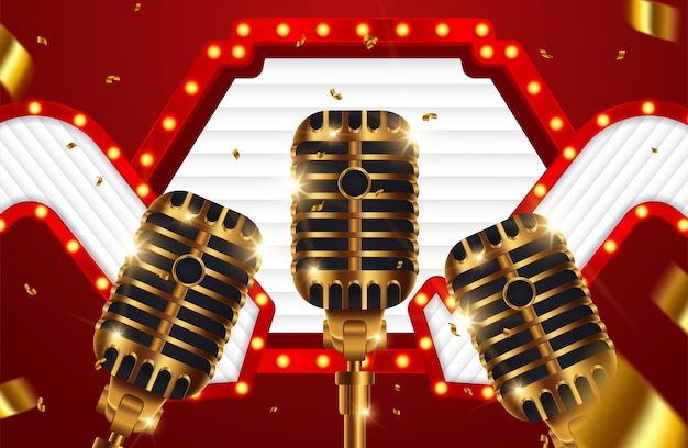 Stage with golden microphone on shiny background