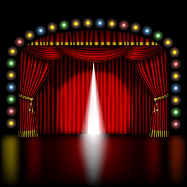 Vector stage with opening red curtain and lights